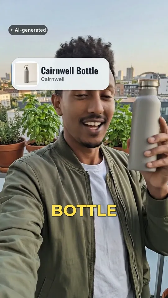 An 8-second vertical ad for Cairnwell Bottle, an invented water bottle brand: Dawit, an AI actor, holds a matte stone-grey Cairnwell steel water bottle to camera and says, “The Cairnwell bottle. Steel inside and out, a lid that locks, and it fits a cup holder.” Captions, a product call-out and an AI-generated label are laid over the clip.