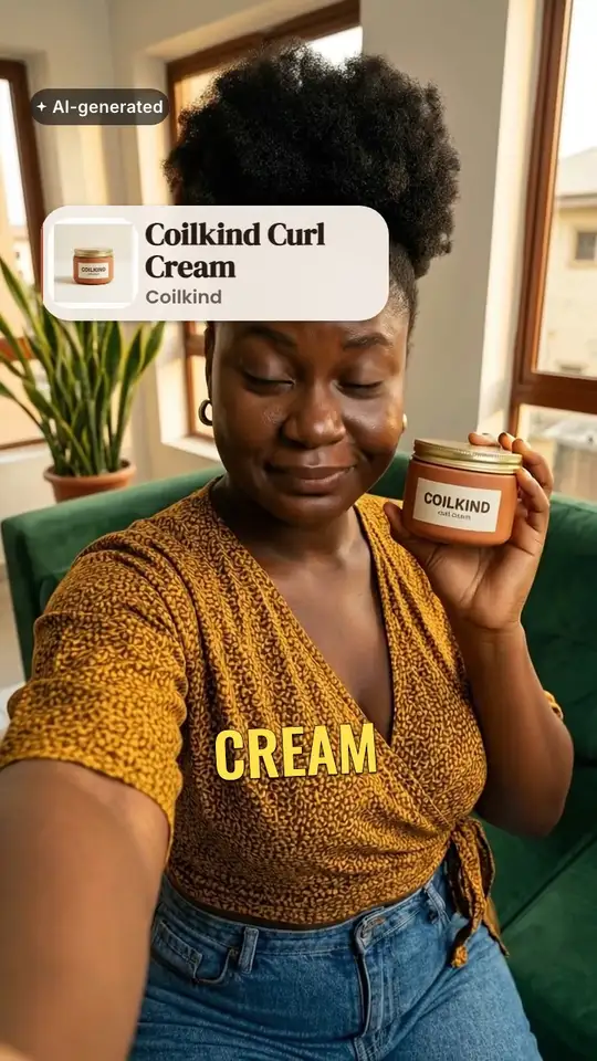 An 8.5-second vertical ad for Coilkind Curl Cream, an invented haircare brand: Adaeze, an AI actor, holds a terracotta Coilkind curl cream jar with a gold lid to camera and says, “Coilkind curl cream. Rake it through damp hair, then scrunch.” Captions, a product call-out, an end card and an AI-generated label are laid over the clip.
