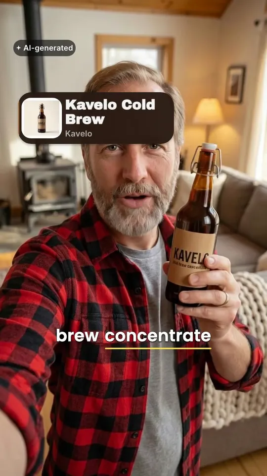 An 8-second vertical ad for Kavelo Cold Brew, an invented coffee brand: Marc, an AI actor, holds an amber glass Kavelo cold brew bottle with a kraft-paper label to camera and says, “Kavelo cold brew concentrate. One part coffee, three parts milk, over ice. That's it.” Captions, a product call-out, a price stamp and an AI-generated label are laid over the clip.