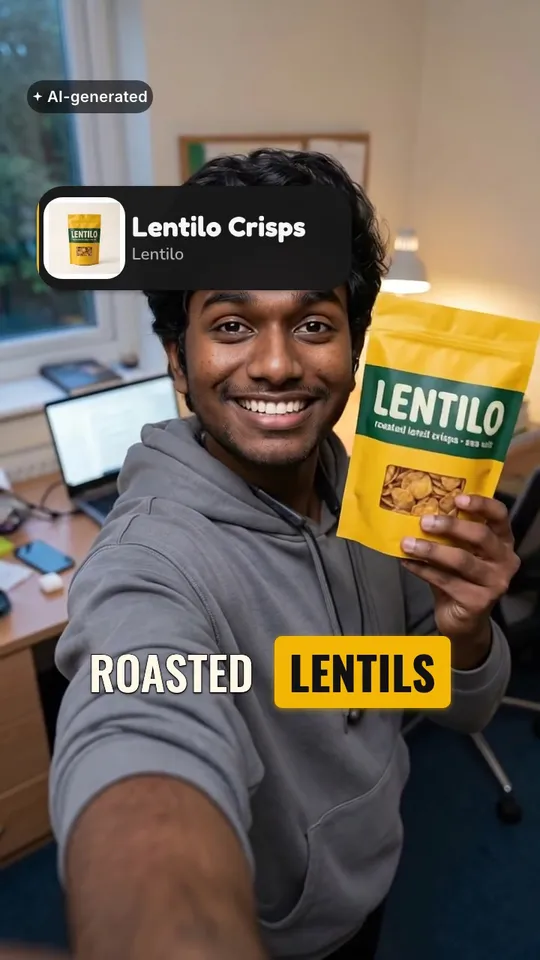An 8-second vertical ad for Lentilo Crisps, an invented snack brand: Arjun, an AI actor, holds a bright yellow Lentilo crisps pouch to camera and says, “These are Lentilo crisps. Roasted lentils, sea salt, and a crunch you can hear.” Captions, a product call-out, a price stamp and an AI-generated label are laid over the clip.