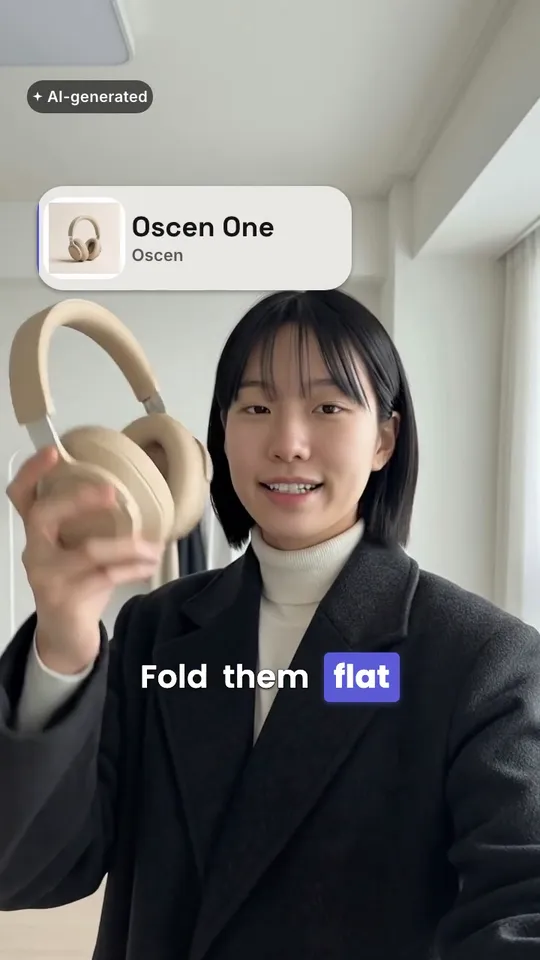 An 8-second vertical ad for Oscen One, an invented headphone brand: Jiwoo, an AI actor, holds a pair of sand-beige Oscen over-ear headphones to camera and says, “These are the Oscen One. Fold them flat, tap the cup, and the room goes quiet.” Captions, a product call-out, a price stamp and an AI-generated label are laid over the clip.