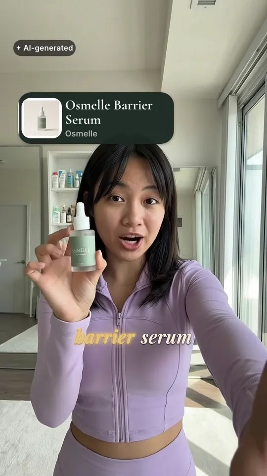 An 8-second vertical ad for Osmelle Barrier Serum, an invented skincare brand: Bea, an AI actor, holds a small frosted-glass Osmelle serum dropper bottle with a sage-green label to camera and says, “This is Osmelle barrier serum. Two drops, press it in. No fragrance at all.” Captions, a product call-out, a price stamp and an AI-generated label are laid over the clip.