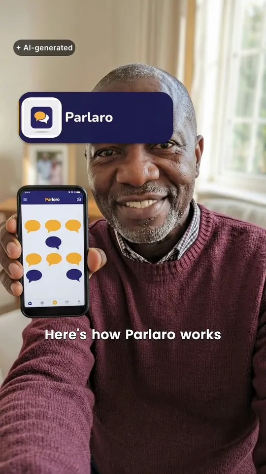 An 8-second vertical ad for Parlaro, an invented language app: Tendai, an AI actor, holds a phone showing the Parlaro app to camera and says, “Here's how Parlaro works: ten minutes a day, real conversations, and it listens back.” Captions, a product call-out and an AI-generated label are laid over the clip.