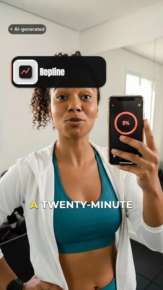 An 8.5-second vertical ad for Repline, an invented fitness app: Camila, an AI actor, holds a phone showing the Repline app to camera and says, “Repline builds a twenty-minute workout from whatever you've got.” Captions, a product call-out, an end card and an AI-generated label are laid over the clip.