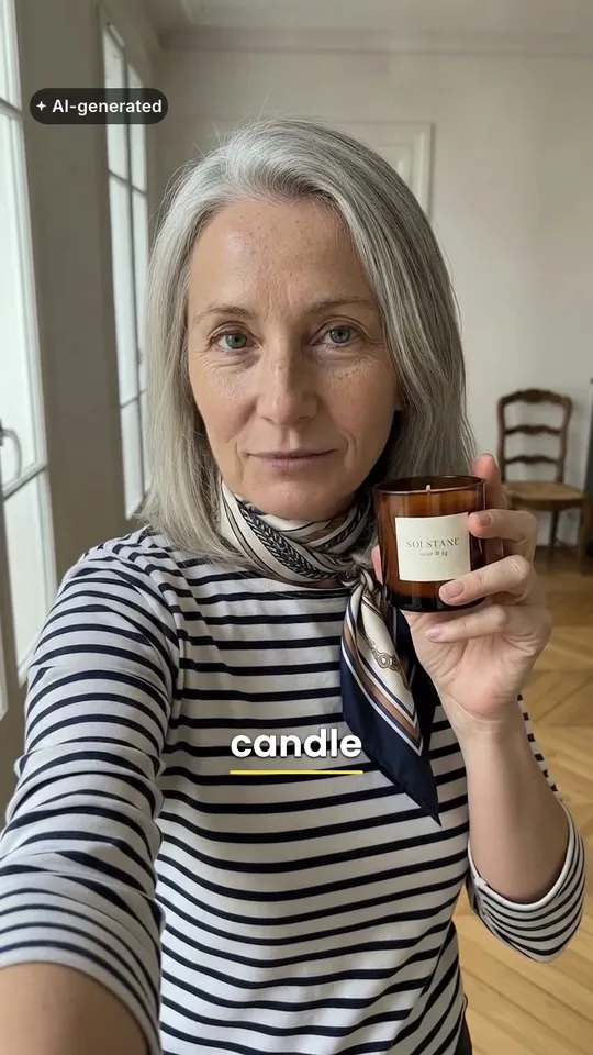 An 8.5-second vertical ad for Solstane Candle, an invented candle brand: Élodie, an AI actor, holds an amber glass Solstane candle with a cream label to camera and says, “This is the Solstane candle. Soy wax, a cotton wick, and cedar.” Captions, a price stamp, an end card and an AI-generated label are laid over the clip.