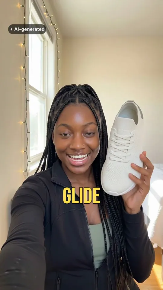 An 8.5-second vertical ad for Stridel Glide, an invented sneaker brand: Ama, an AI actor, holds one off-white Stridel knit running sneaker to camera and says, “Meet the Stridel Glide. Knit upper, foam sole, almost no weight.” Captions, a price stamp, an end card and an AI-generated label are laid over the clip.