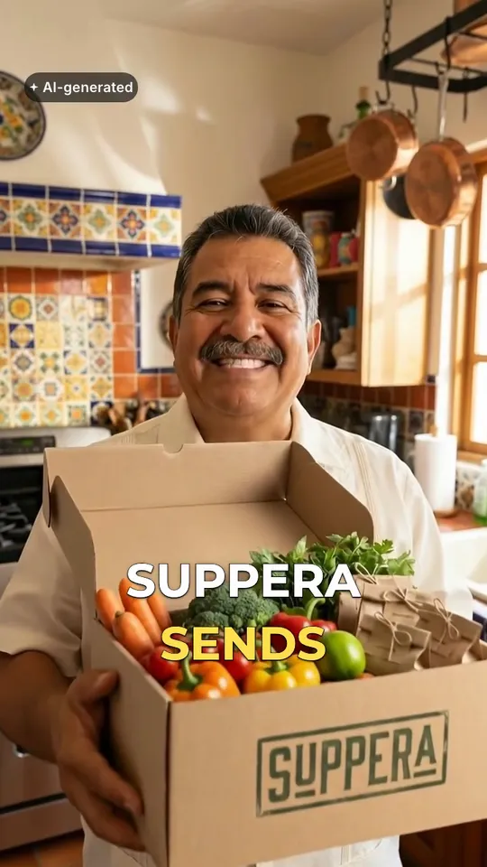 An 8.5-second vertical ad for Suppera Meal Kit, an invented meal kit brand: Diego, an AI actor, holds an open kraft-cardboard Suppera meal-kit box full of fresh vegetables to camera and says, “Suppera sends the recipe and every ingredient, measured. You just cook.” Captions, a price stamp, an end card and an AI-generated label are laid over the clip.