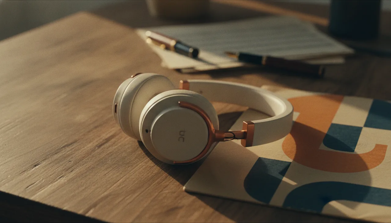 Still from the Preview ad direction by mood template: Warm and nostalgic: the headphone on a sunlit wooden desk beside a record sleeve, late afternoon, film grain, amber tones.