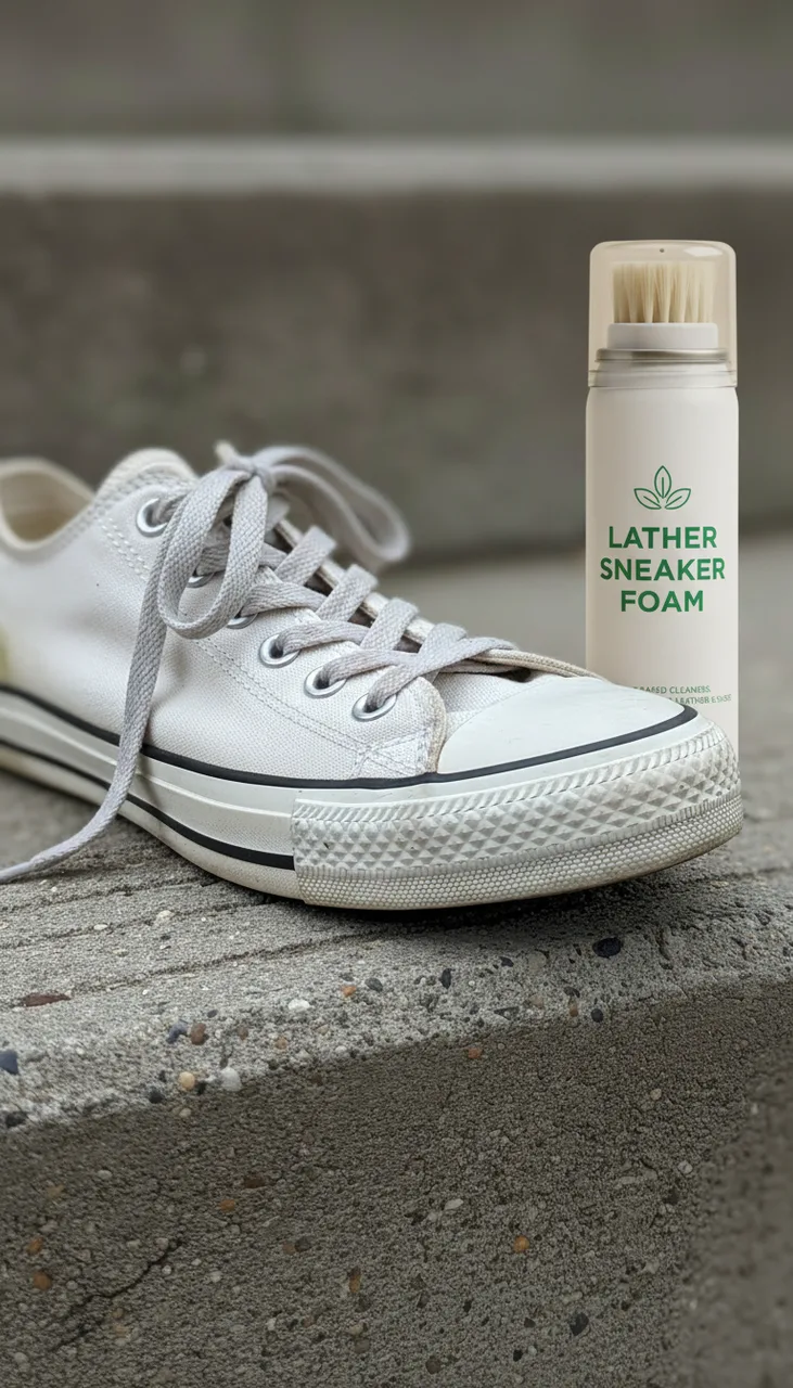 Still from the Before / after (illustrative) template: The same sneaker on the same step, same angle and light as reference image 1, now clean: bright white canvas, white laces, a clean sole edge. The foam can from reference image 2 stands beside it. Illustrative product photography, no text.