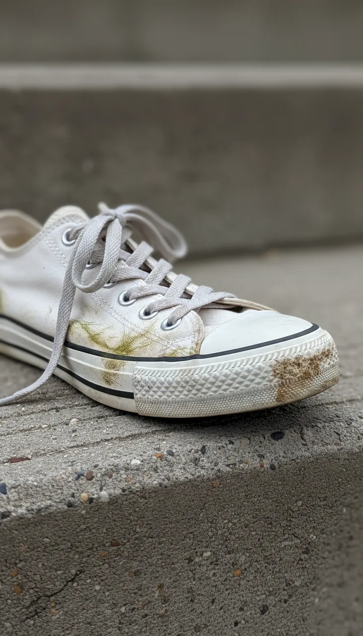 Still from the Before / after (illustrative) template: Vertical close photograph: a single white canvas low-top sneaker on a grey concrete step, its toe and side scuffed with dried mud and grass stains, the laces greyed. Soft overcast daylight, three-quarter view. Illustrative product photography, no text.