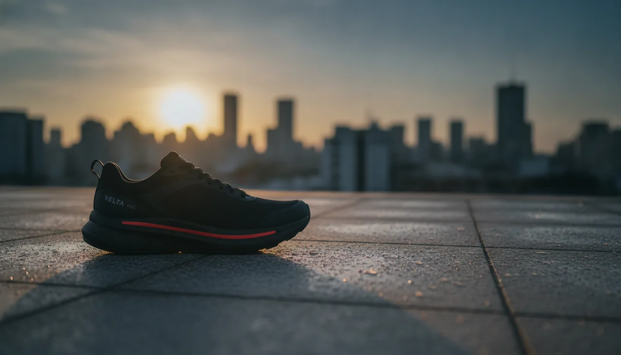 Still from the Brand sheet to video ad template: Editorial product photo, the shoe on wet rooftop concrete at dawn, low sun, 35mm, shallow depth of field.