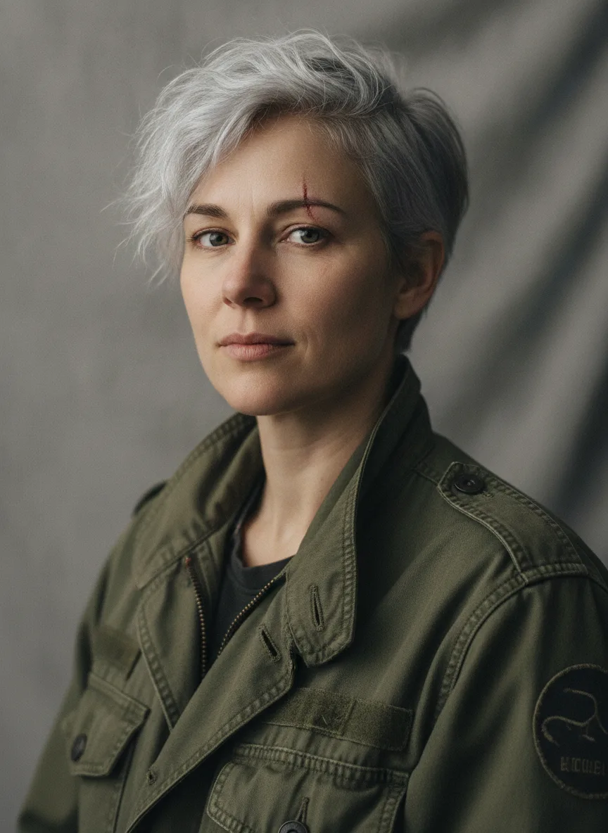 Still from the Character consistency template: Neutral three-quarter portrait, plain grey backdrop, soft even light, photographic.