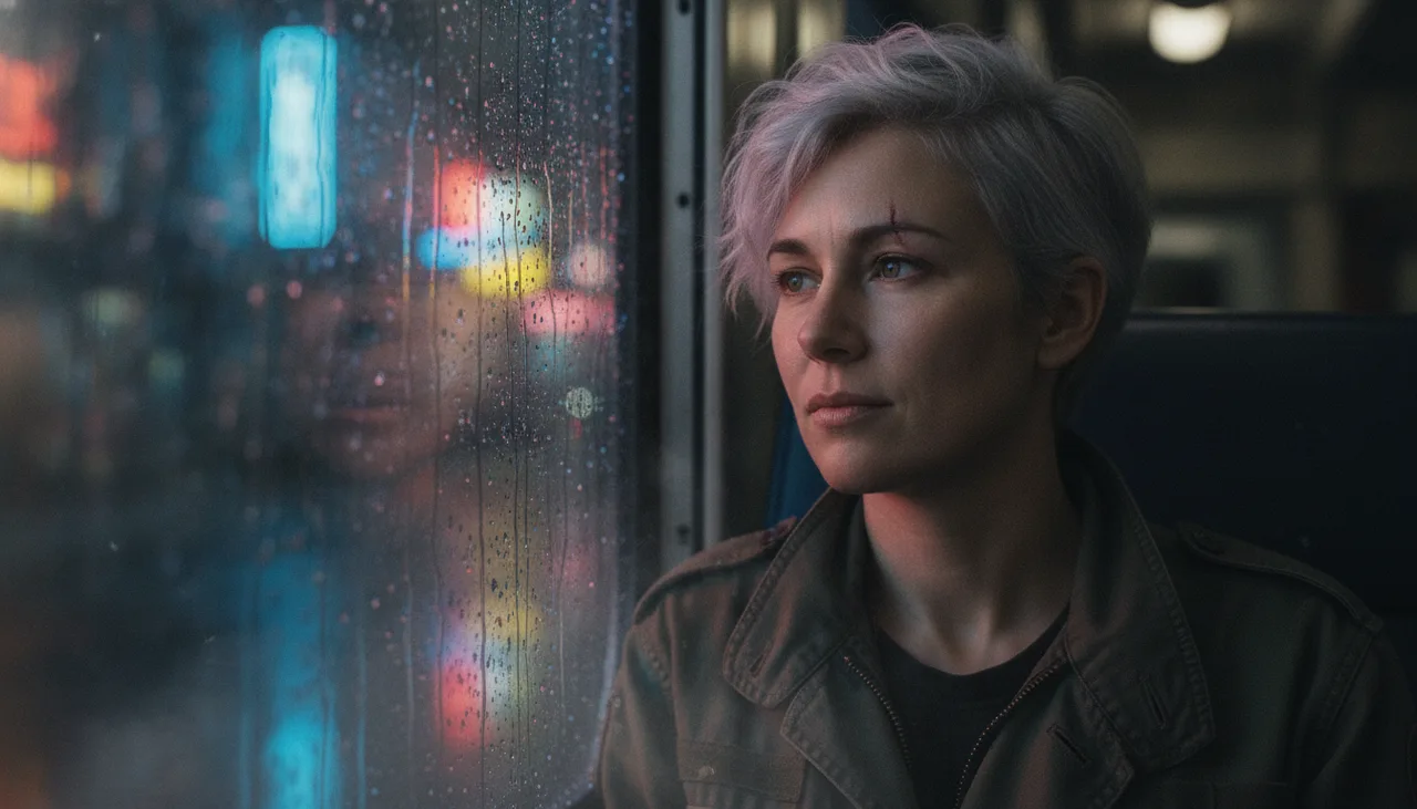 Still from the Character consistency template: Mara at a rain-streaked train window at night, neon outside, reflected light on her face, cinematic.