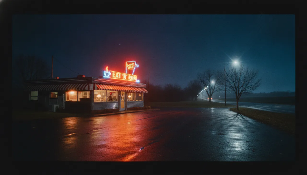 Still from the Cinematic B-roll sequence template: Wide exterior across the empty parking lot, the diner sign buzzing.
