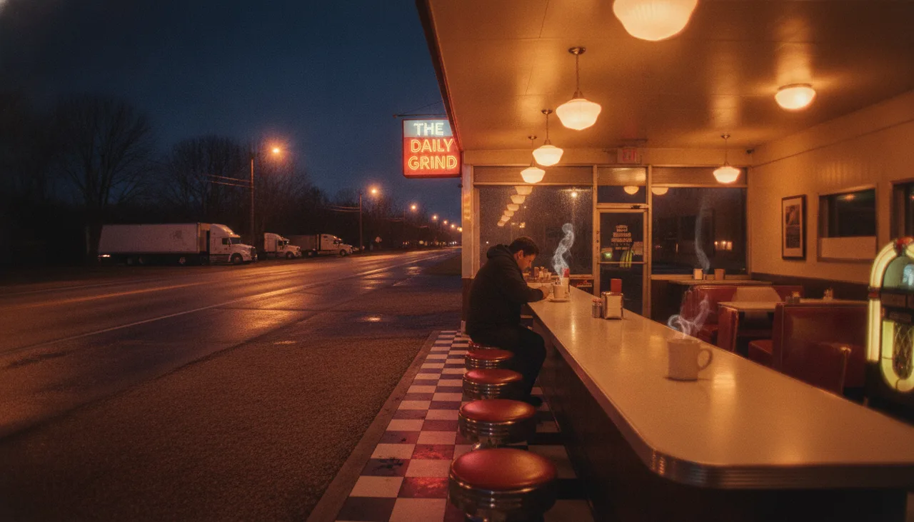 Still from the Cinematic B-roll sequence template: Inside, a single customer at the counter seen from the far end, coffee steaming.