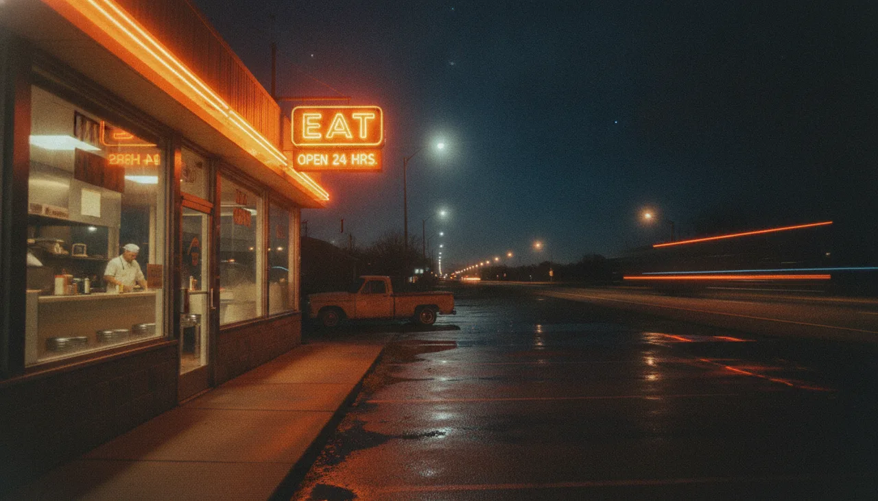 Still from the Cinematic B-roll sequence template: The highway from the diner door, one truck passing, taillights smeared.