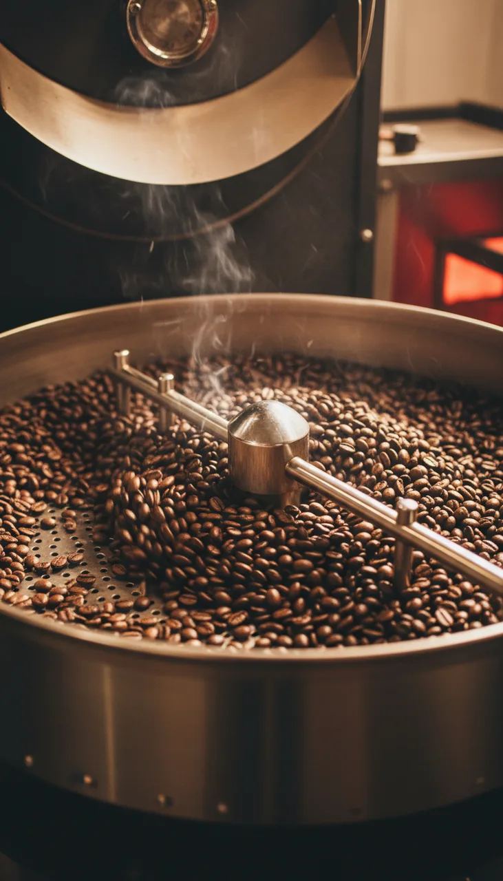 Still from the Founder story template: Vertical close photo: freshly roasted coffee beans turning in the round cooling tray of a drum roaster under a steel stirring arm, wisps of smoke, warm light glinting on the oils. No text, no logos.