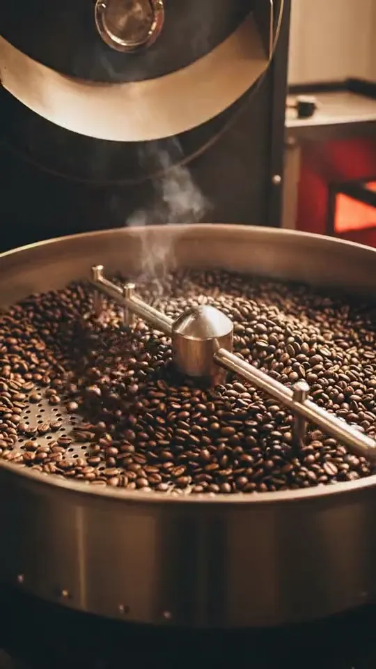 Clip from the Founder story template: The cooling tray turns slowly and fresh beans tumble under the steel arm as thin smoke rises. Close, warm light. Sound: beans rustling, the roaster humming. No music, no on-screen text.