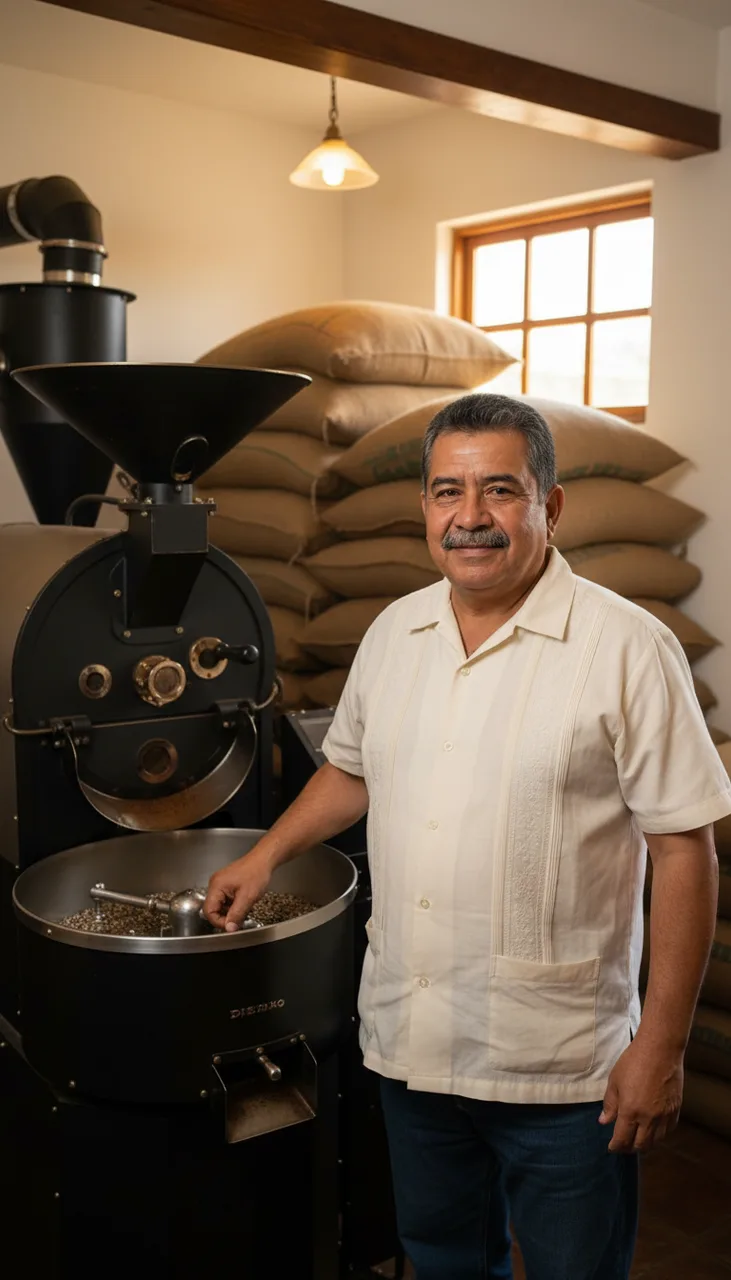 Still from the Founder story template: Vertical phone photo: the man from the reference stands in a small coffee roastery beside a black drum roaster, burlap coffee sacks stacked behind him, warm tungsten light mixed with morning light from a high window. He faces the lens at chest height, relaxed and warm, mouth closed. Photorealistic, natural phone-camera look. No text, no logos.
