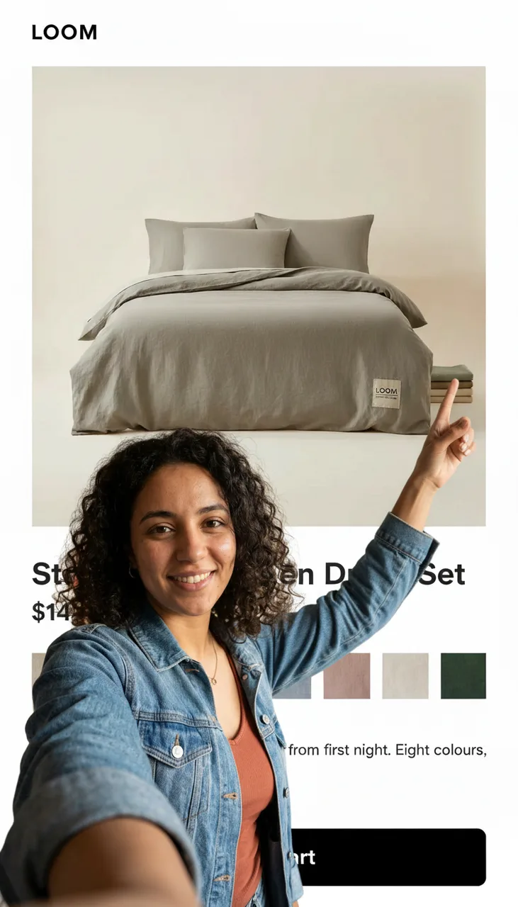 Still from the Green-screen reaction template: Green-screen creator frame: the shop page from reference image 2 fills the whole vertical frame as a flat background; the woman from reference image 1 is cut out in front of it in the lower third, head and shoulders, turned slightly and pointing up at the bed photo, eyebrows raised, mouth closed. A photorealistic person over a flat screenshot — the classic green-screen reaction look.