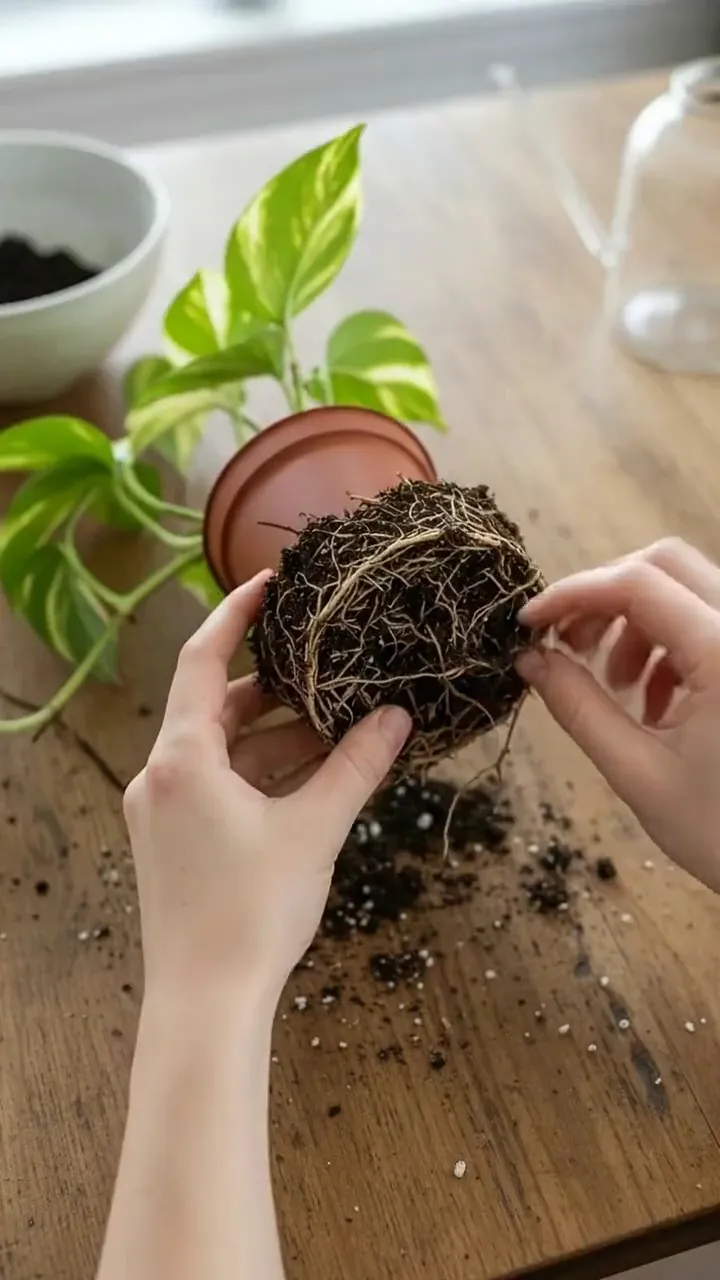 Clip from the How-to in three steps template: Close handheld vertical video: the hands ease the root ball apart and soil crumbles onto the table. Sound: soft soil, a quiet kitchen. No music, no on-screen text.