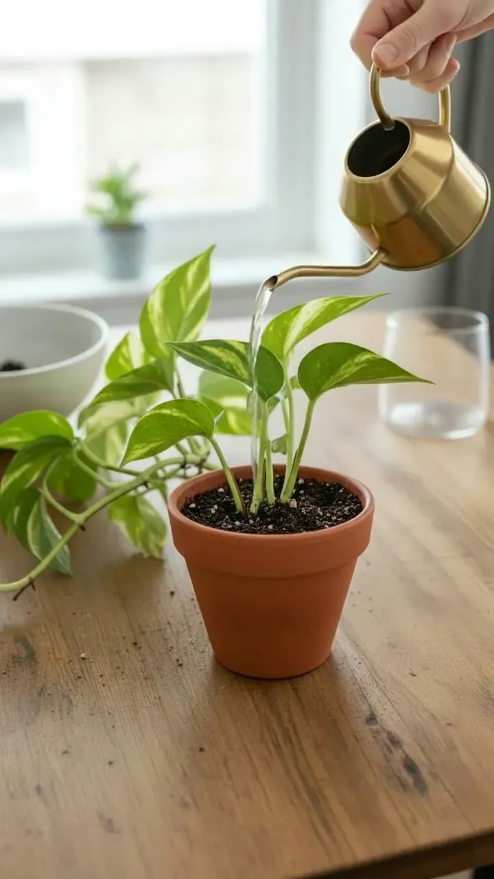 Clip from the How-to in three steps template: Close handheld vertical video: water streams from the brass can onto the soil and beads on the leaves. Sound: gentle pouring water. No music, no on-screen text.