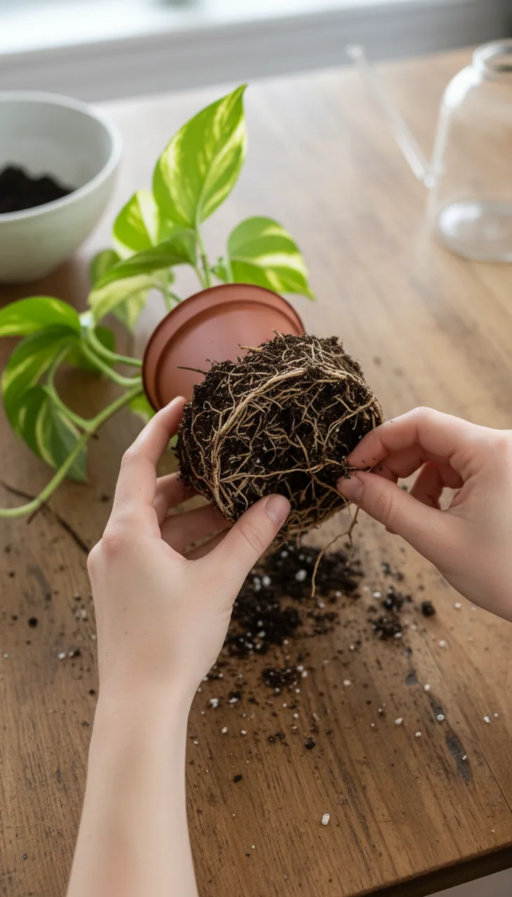 Still from the How-to in three steps template: Show only step 1 — vertical close photo from above: two hands tip a pothos out of a small plastic nursery pot and gently loosen its roots over a wooden kitchen table, a little soil scattered. Soft daylight. No text.