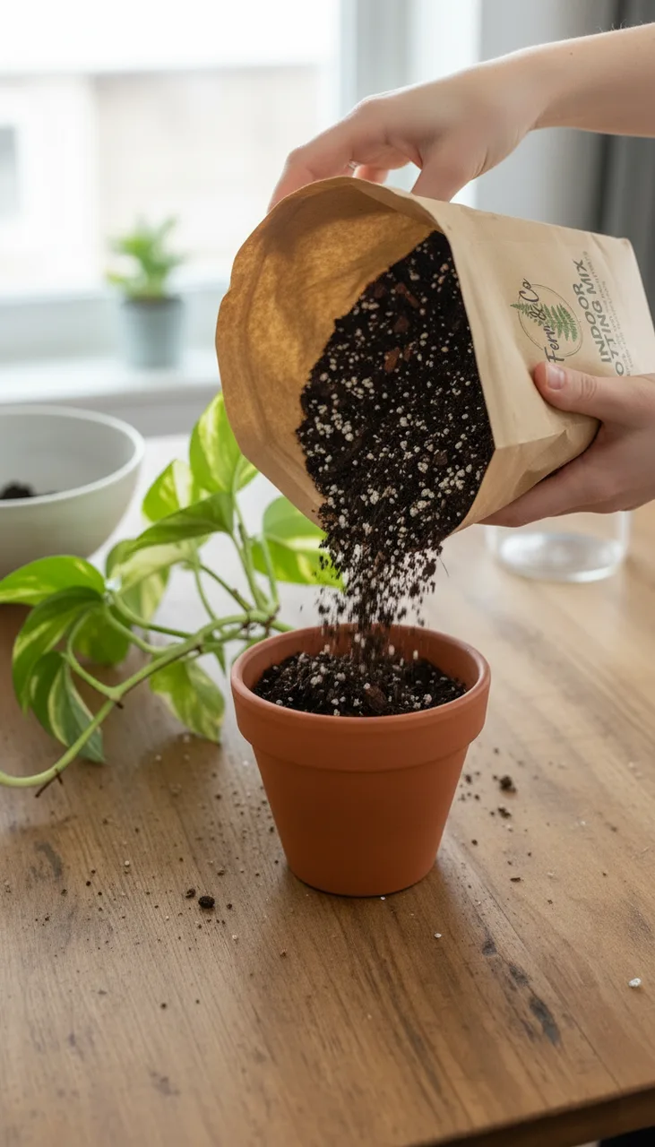 Still from the How-to in three steps template: Show only step 2 — vertical close photo on the same table as reference image 1: hands pour dark, chunky potting mix from the kraft bag in reference image 2 into a terracotta pot, the pothos waiting beside it. Soft daylight. No text.