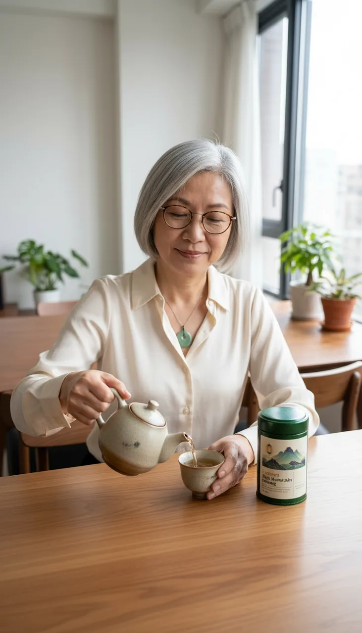 Still from the Localise to five languages template: Vertical phone photo in the same apartment and light as reference image 1: the woman from reference image 1 sits at a light-wood dining table with the tea tin from reference image 2 and a small ceramic teapot, pouring tea into a small cup, calm and content, mouth closed. Photorealistic, natural phone-camera look. No text.