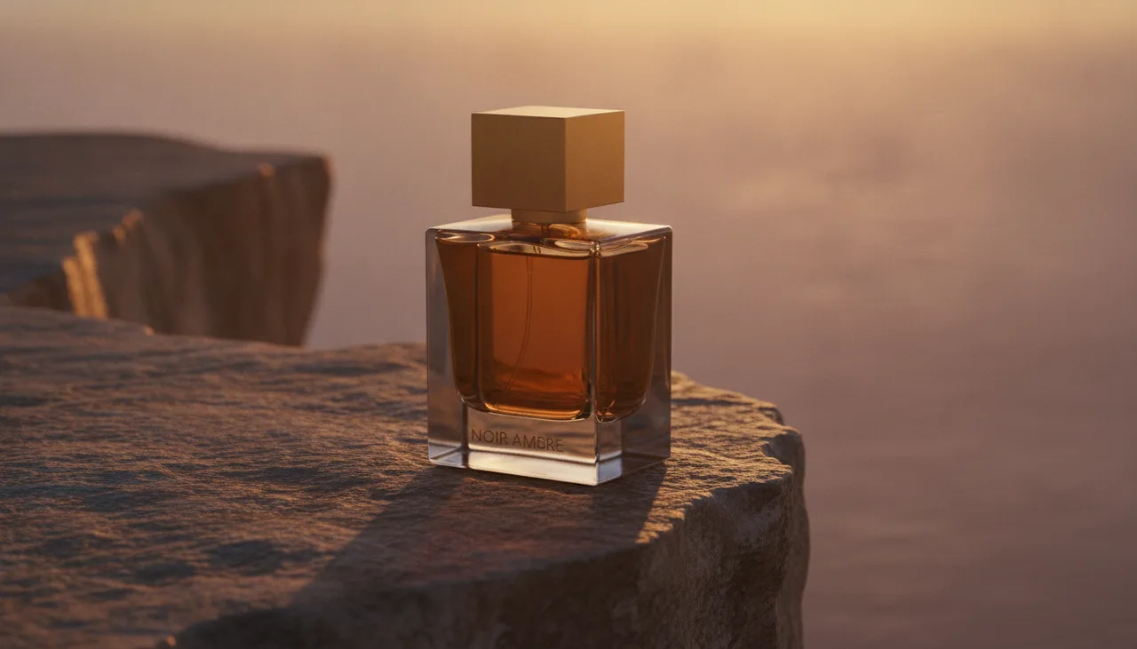 Still from the Luxury product reveal template: The bottle on a wind-worn cliff ledge at golden hour, sea haze below, warm rim light through the amber glass.