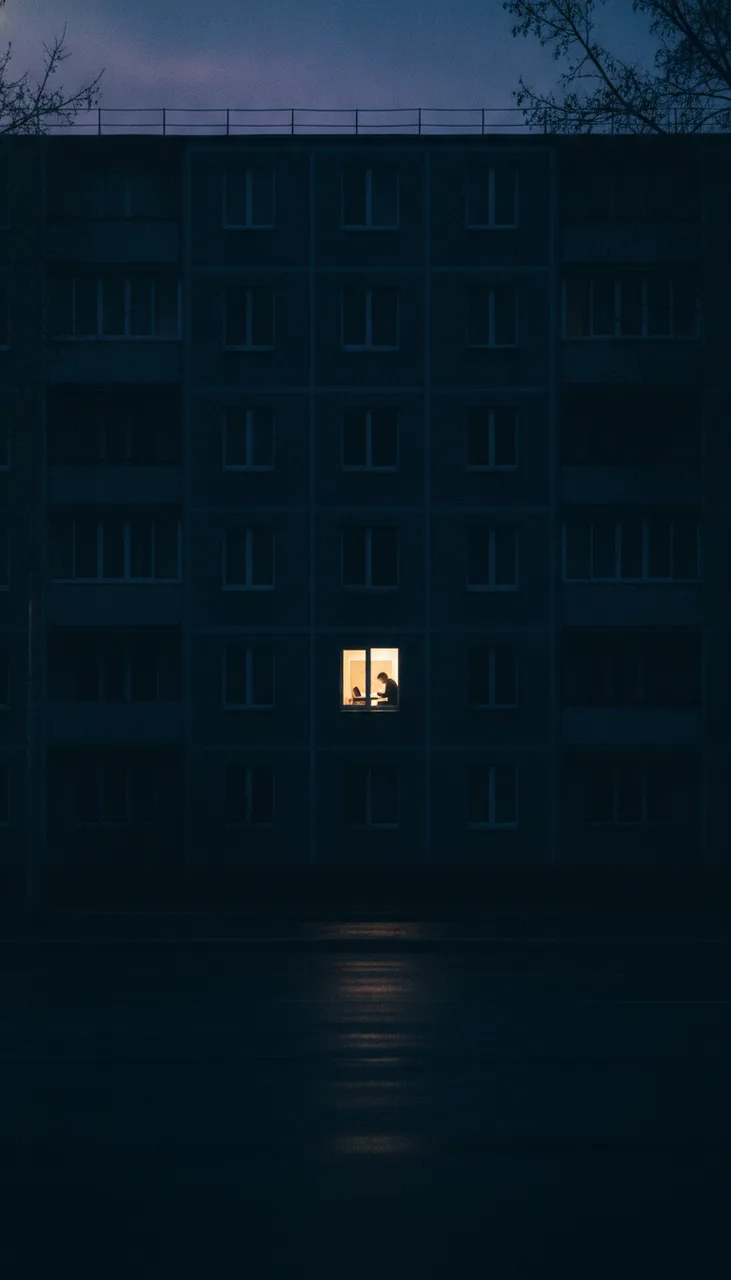 Still from the Narrated social clip template: A single lit window in a dark apartment block before dawn, seen from the street, vertical, cinematic, quiet.