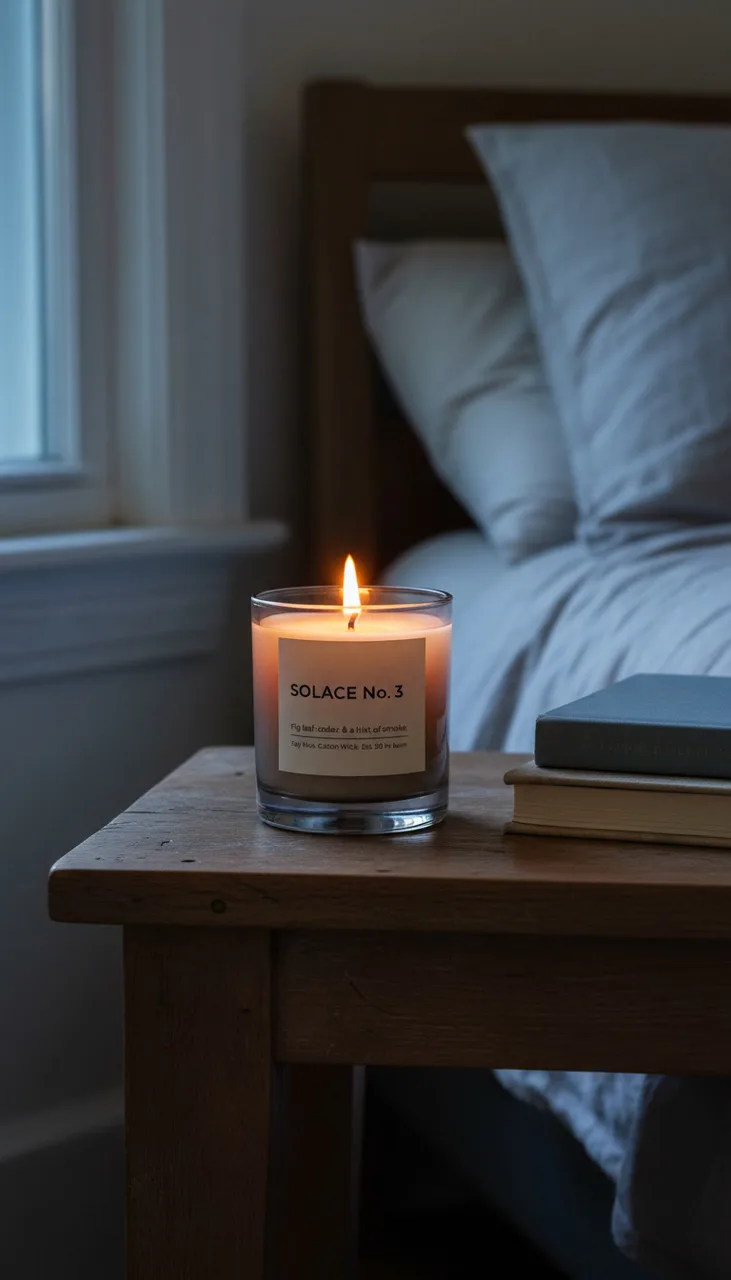 Still from the Product photoshoot → video ad template: Vertical lifestyle photograph: the candle from the reference, lit, on an oak bedside table beside a linen-covered bed and two stacked books, blue dusk light from a window mixing with the warm flame. No added text.