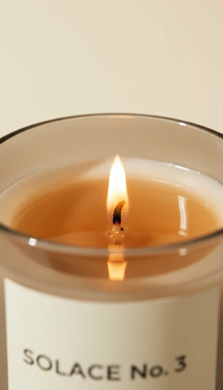 Still from the Product photoshoot → video ad template: Vertical macro photograph: the flame of the candle from the reference, a pool of melted soy wax around the cotton wick, the smoked-glass rim soft in the foreground, warm and intimate. No added text.