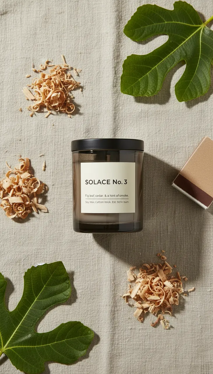 Still from the Product photoshoot → video ad template: Vertical flat lay from directly above: the candle from the reference, its one black lid on, lying on raw linen among fresh fig leaves, cedar shavings and a small box of matches, soft even daylight. No added text.
