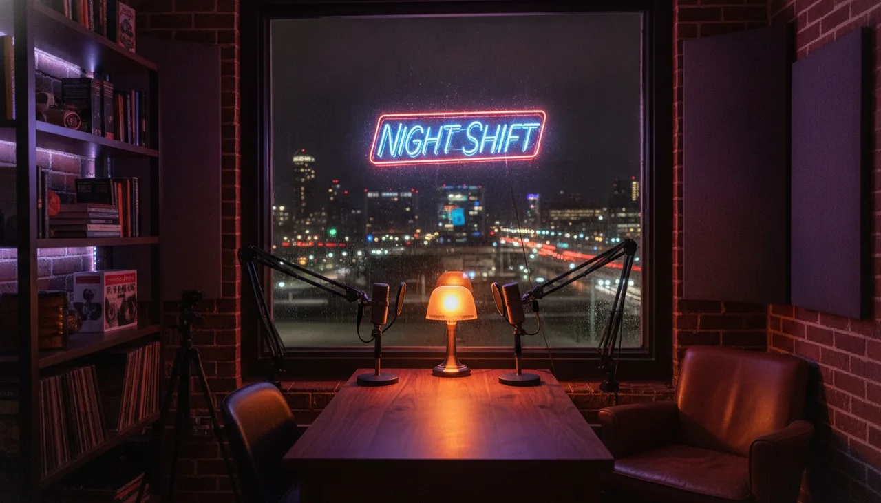 Still from the Create a podcast scene template: A small podcast studio at night: two microphones on a walnut desk, a neon sign reading NIGHT SHIFT reflected in the window, warm lamp light, moody, no people.
