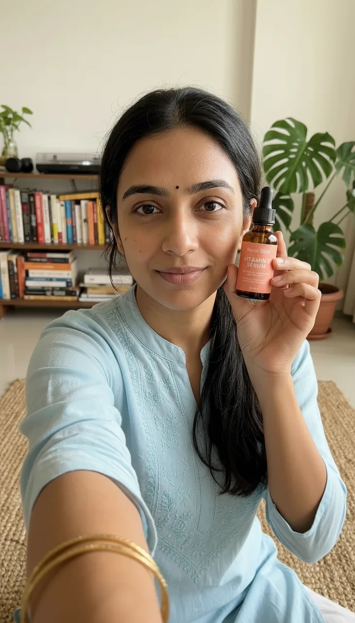 Still from the Presenter-led product demo template: Vertical smartphone selfie in the same room and light as reference image 1: the woman from reference image 1 holds the serum bottle from reference image 2 up beside her cheek, coral label turned to the lens, fingers natural. Relaxed, friendly expression, mouth closed. Photorealistic phone front-camera look, realistic skin texture, no beauty filter. No text or captions.