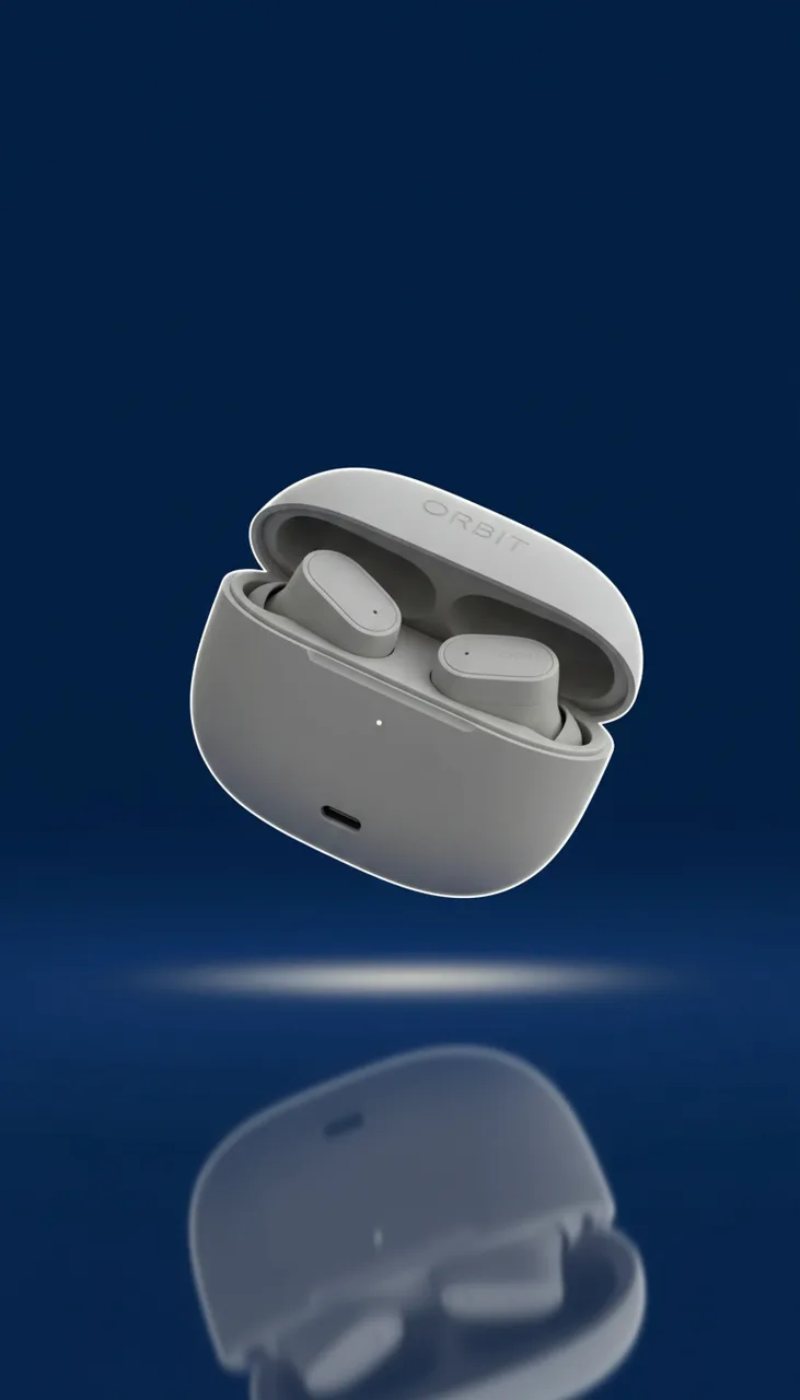 Still from the Price-drop ad template: Vertical product advertising photograph: the earbuds case from the reference, lid open with both earbuds resting inside, floating at a slight angle over a deep cobalt-blue background with a soft glow beneath, crisp rim light and clean reflections. Photographic, no outlines or cut-out edges. The top third of the frame is empty for a price stamp. No text.