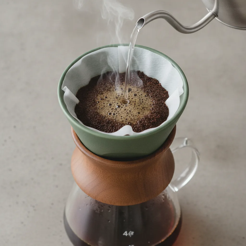 Still from the Product showcase template: Top-down view mid-pour, coffee blooming, steam, product photography.