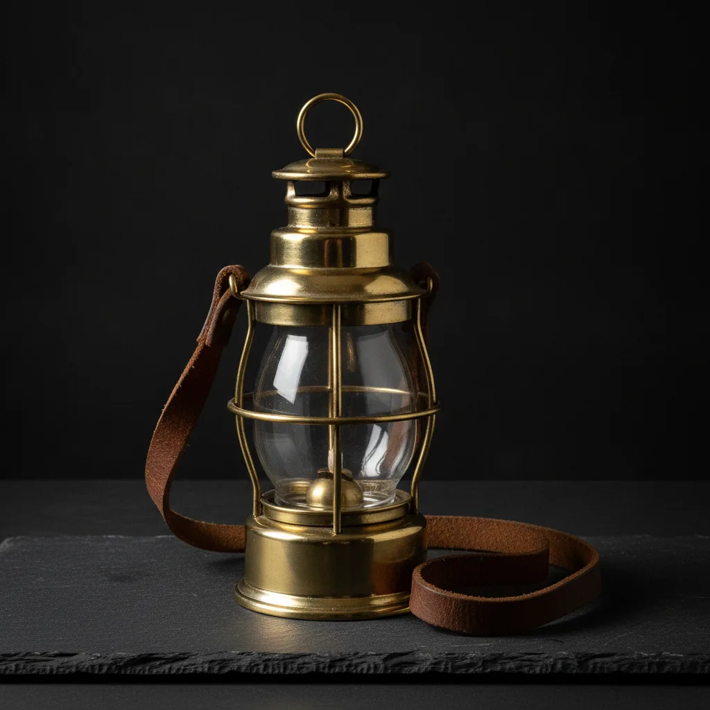 Still from the Prop test on character template: A brass hand lantern with a glass chimney and a leather strap, alone on dark slate, studio light, no background clutter.