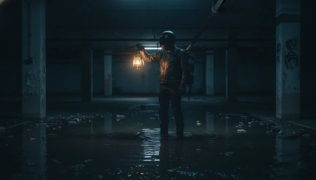 Still from the Prop test on character template: The courier holds the lantern up in a flooded underground car park at night, the lamp the only light, water to the ankles, cinematic.