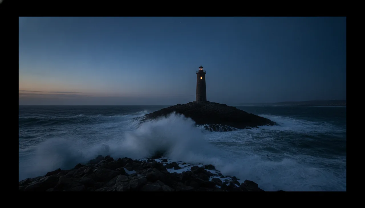 Still from the Storyboard to clip template: Cinematic, anamorphic, blue hour, 2.39:1 framing inside a 16:9 frame.