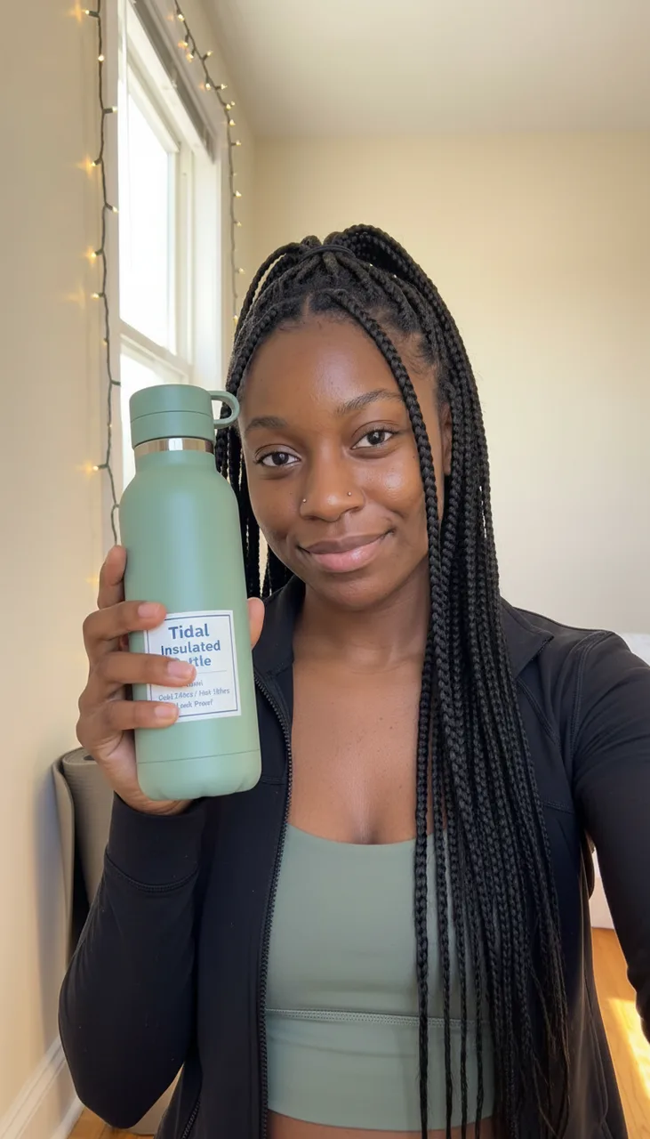 Still from the Three hooks, one body template: Vertical smartphone selfie in the same room and light as reference image 1: the woman from reference image 1 holds the green bottle from reference image 2 up beside her face, a relaxed half-smile, mouth closed. Photorealistic phone front-camera look, realistic skin texture. No text or captions.