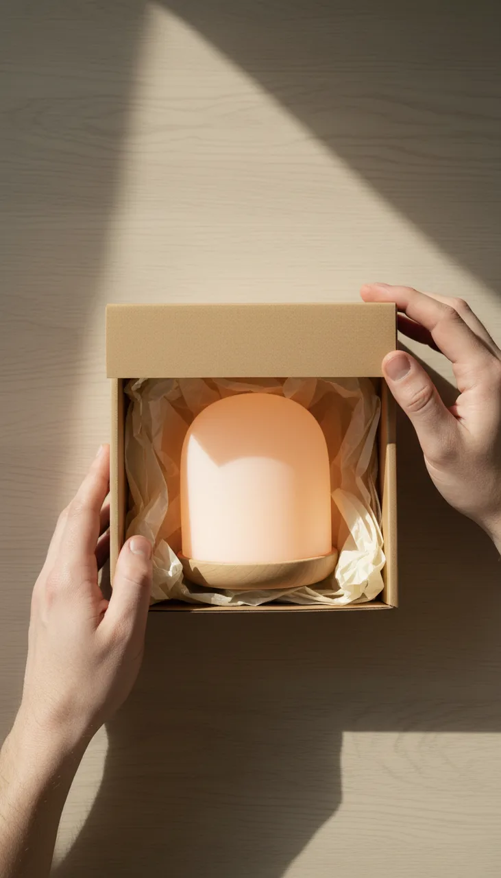 Still from the Unboxing template: Vertical phone photo from above, same table and light as reference image 1: two hands lift the lid of the kraft box, cream tissue paper folded back, the frosted-glass dome from reference image 2 just visible nestled inside. Natural and unposed. No text.