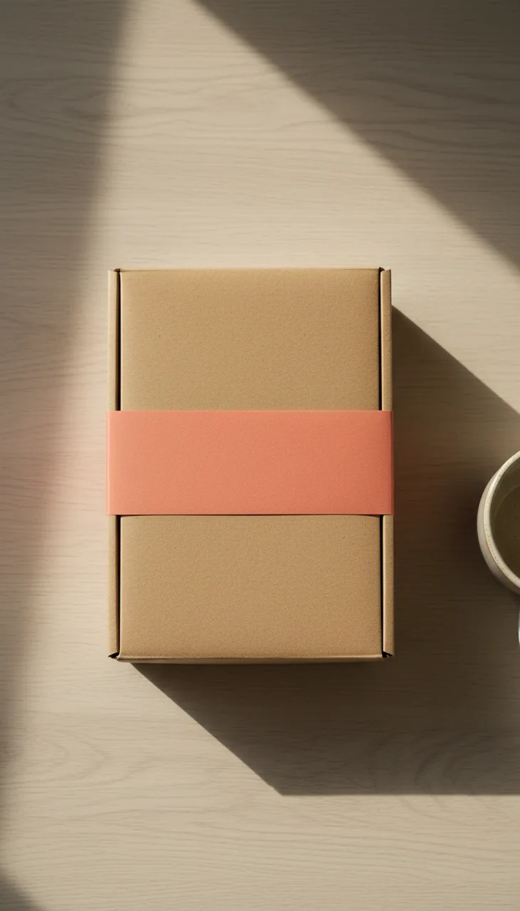 Still from the Unboxing template: Vertical phone photo looking down at a plain kraft cardboard box wrapped with a coral paper band, on a pale oak table by a window, morning light, a ceramic mug at the edge of the frame. No logos, no text.