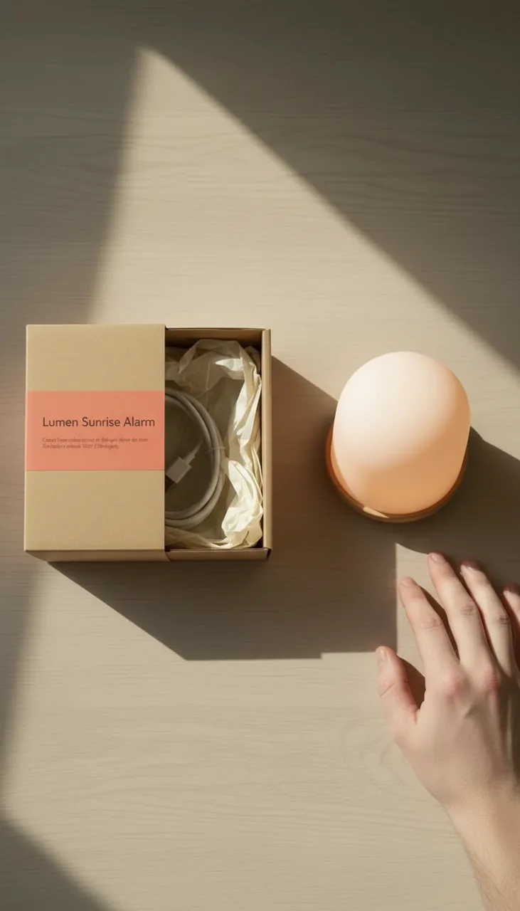 Still from the Unboxing template: Vertical phone photo from directly above, the same angle, table and light as reference image 1: the sunrise alarm from reference image 2 now stands on the oak table beside the open box, its dome glowing a soft sunrise orange, tissue paper folded back, one hand resting beside it. No text.